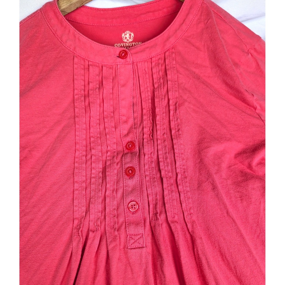 Vtg 90s Covington Button Up Blouse Sz L Coral 3/4 Sleeve Pleated Front Henley